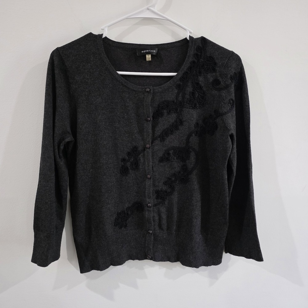 Vintage Y2K Womens Beaded Cardigan Small Floral Gray‎ Whimsigoth Fairy Grunge